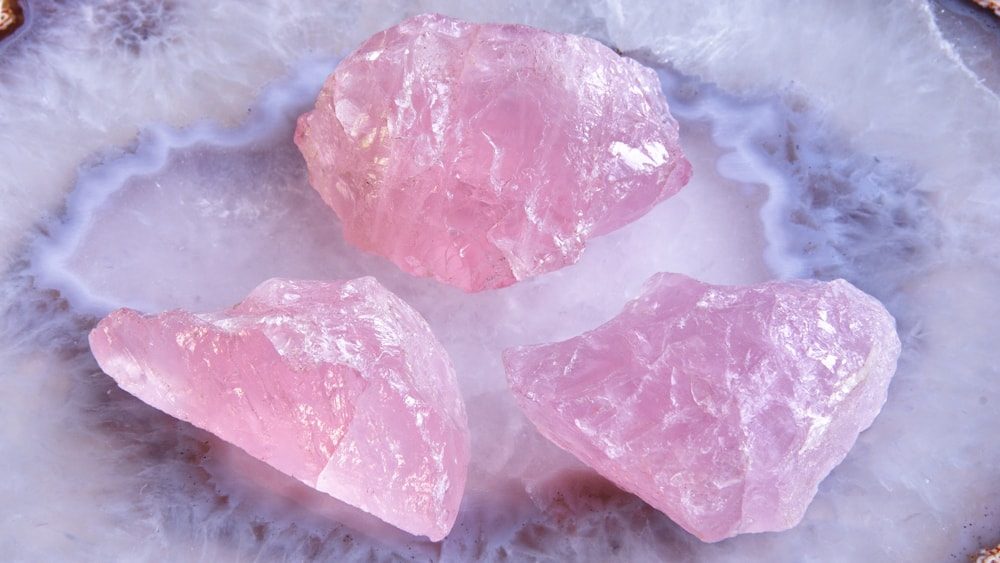 Rough rose quartz crystals
