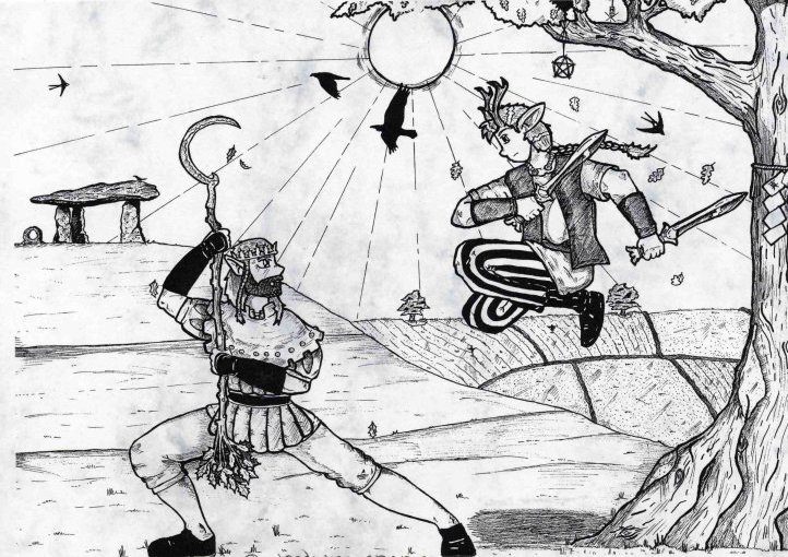The Oak King and the Holly King Battling