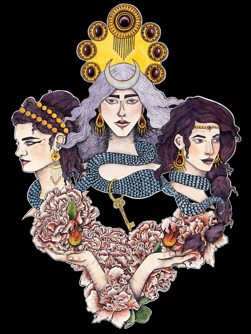 Art of Hecate holding flowers