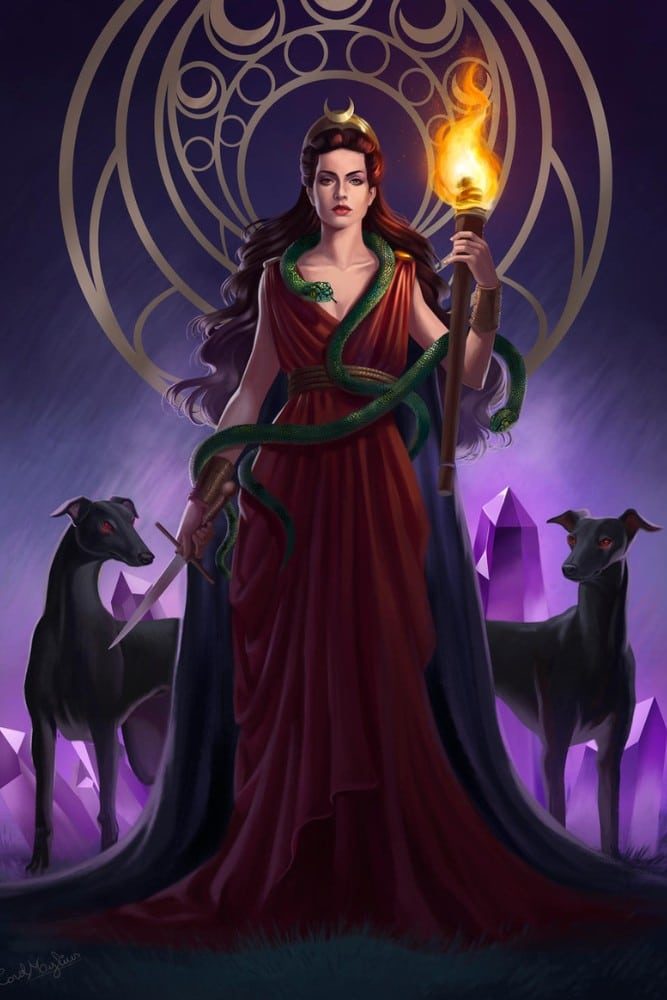 Hecate holding a torch and with animals