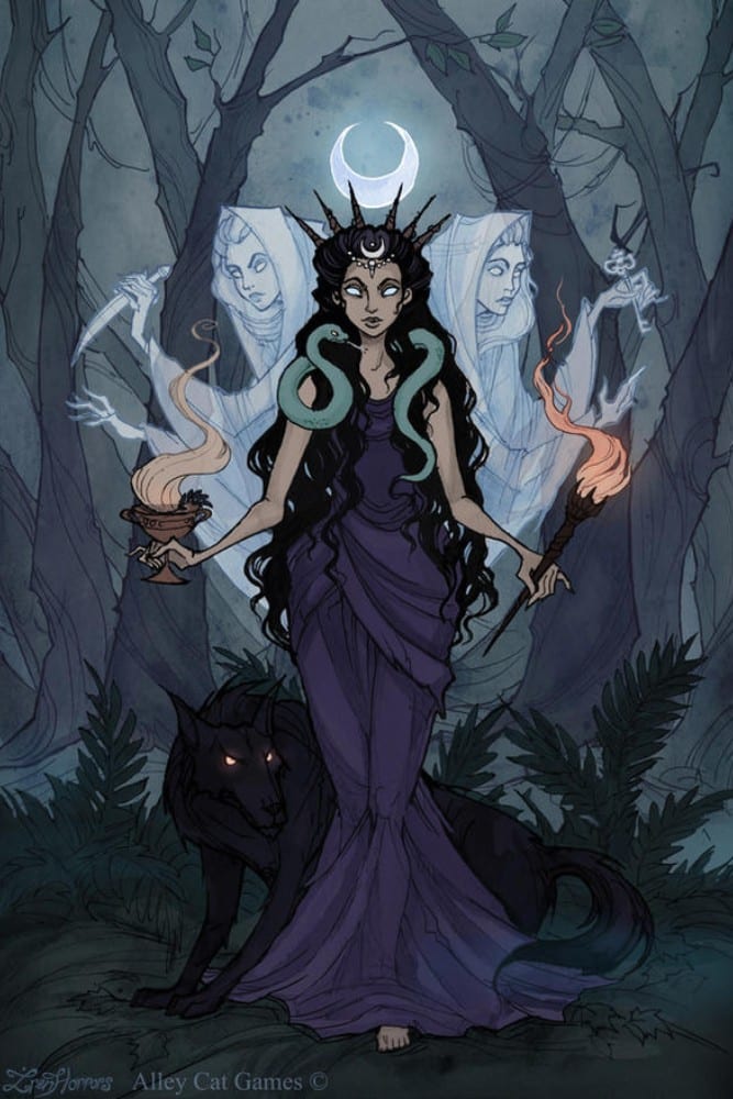 The Hecate Goddess in Forest with Animals
