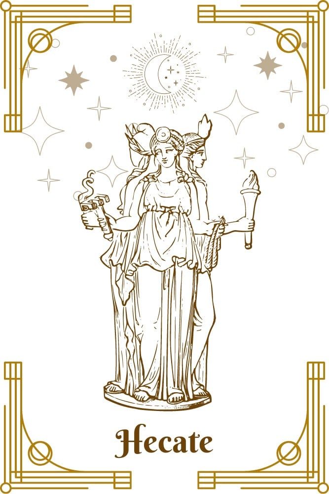 Tarot Card with Goddess Hecate, Moon and Stars