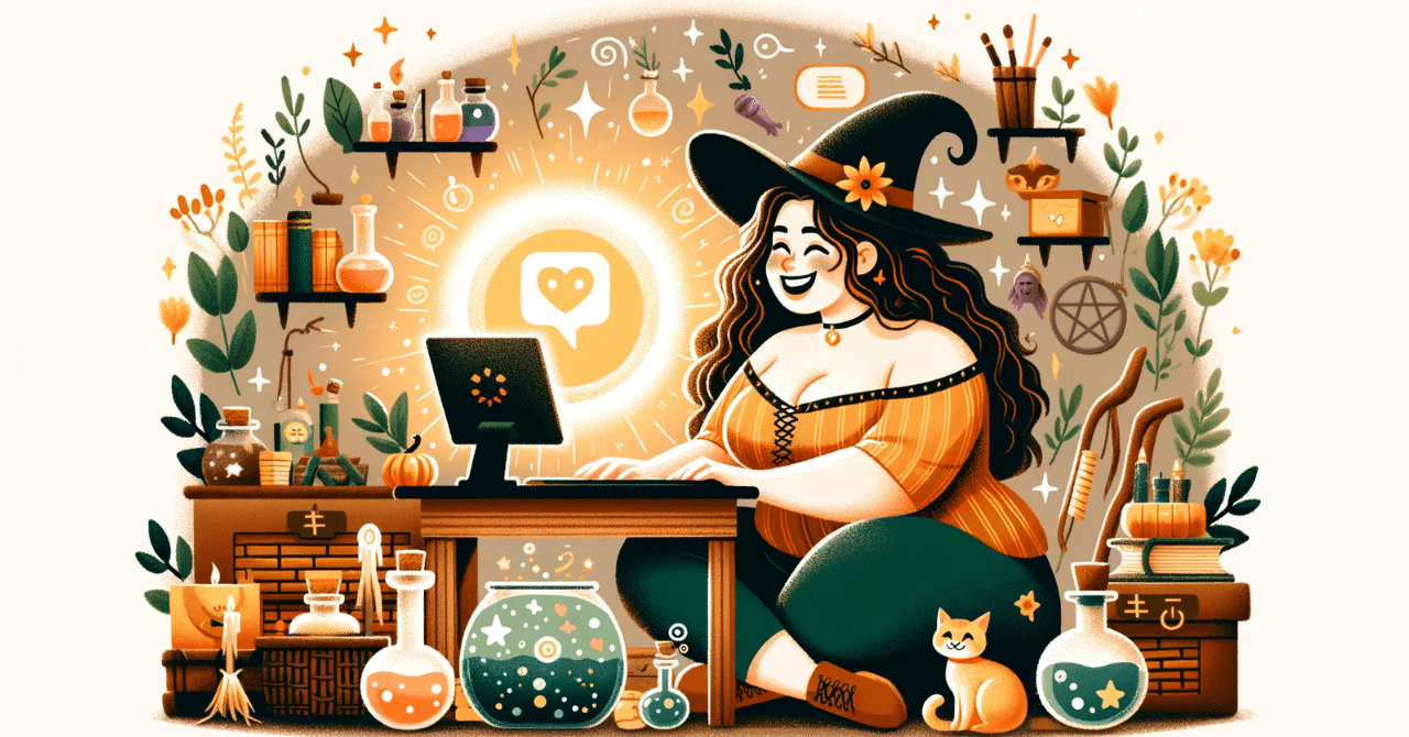 Witch Sitting in Front of Her Computer With in a Cozy Room