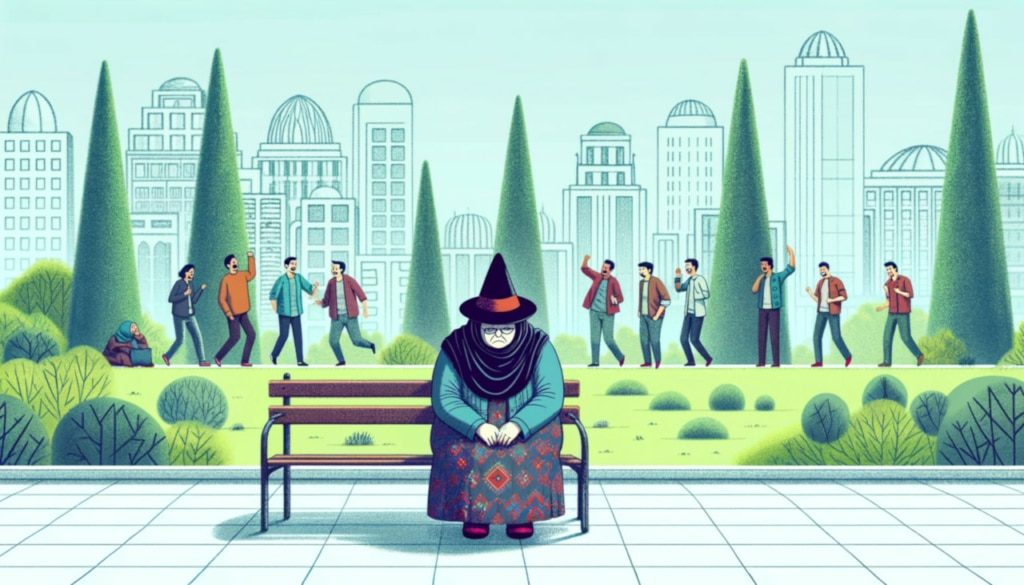 A witch sitting on a bench by herself