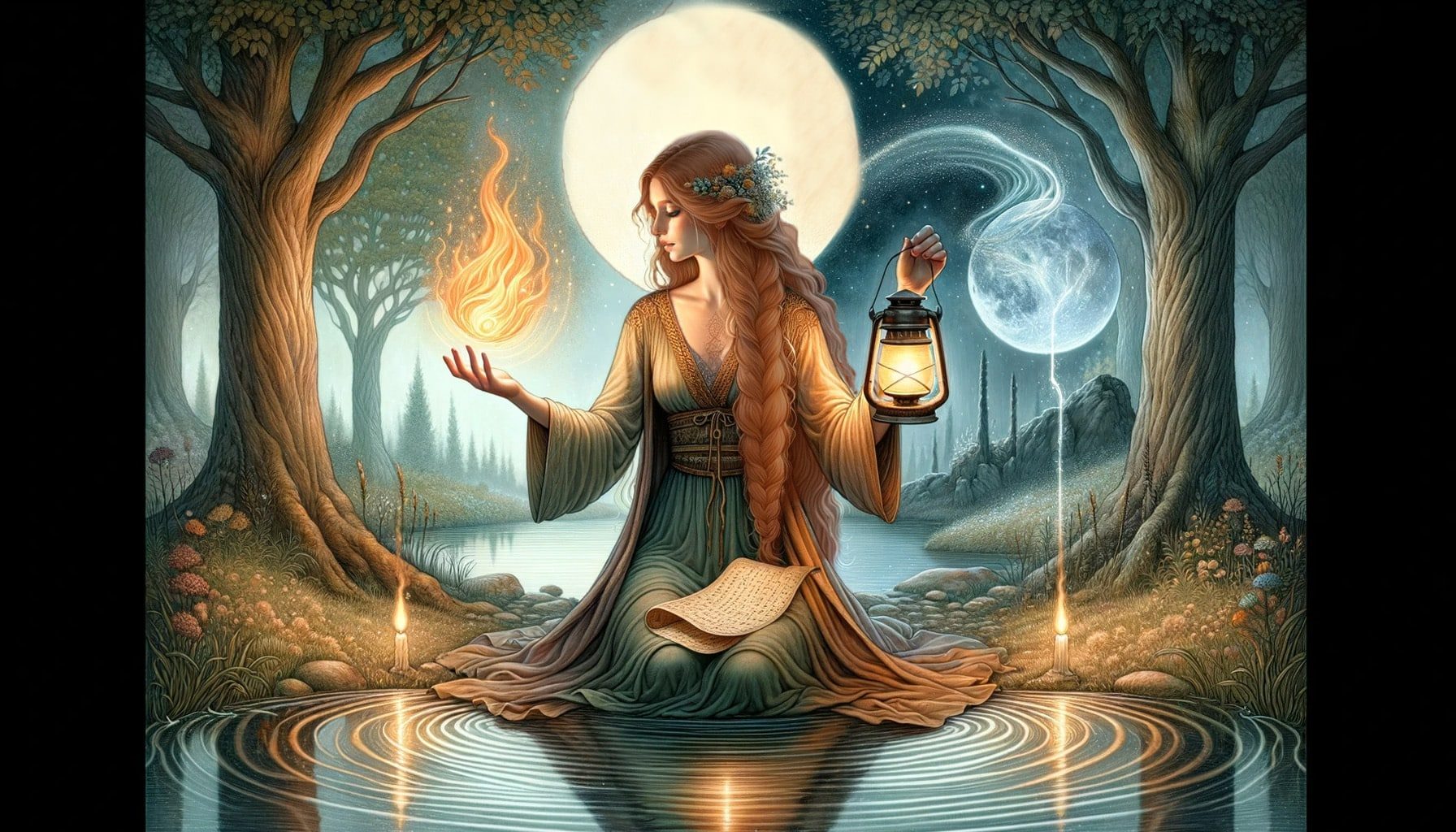 A girl, with fire and candles placed near water, is performing a ritual