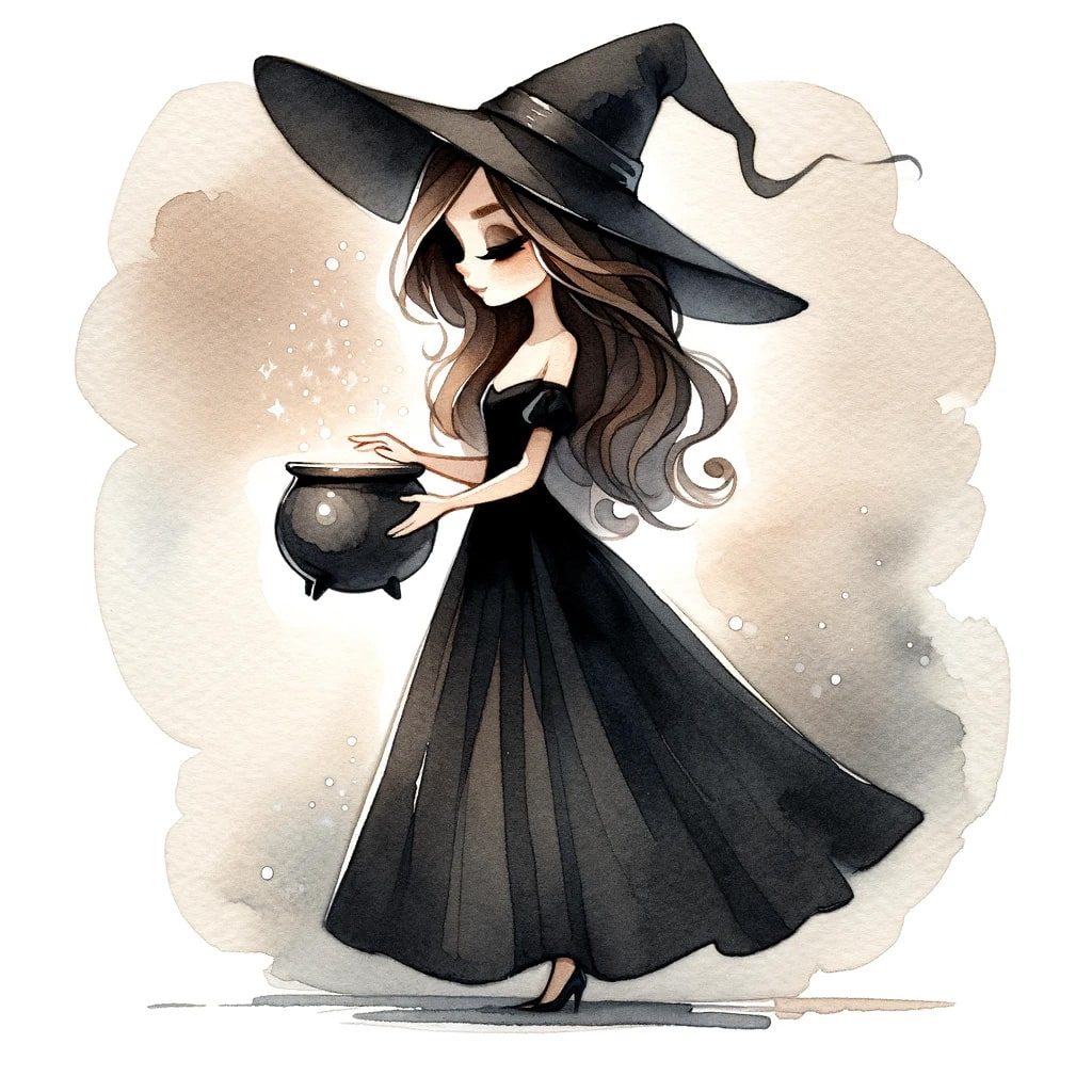 A Witch wearing hat and black dress holding a magic cauldron casting a spell
