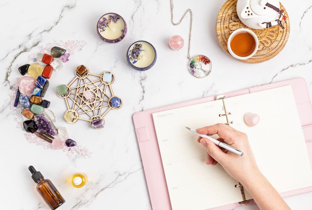Crystal Grid, Crystals and Candles on the Table