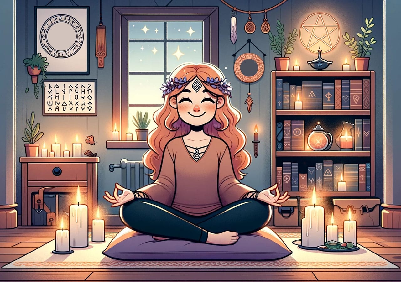 Happy witch meditating at home, surrounded by a cozy and magical setting