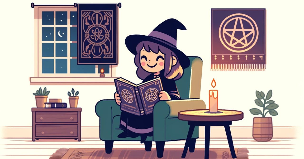 Happy witch reading a book of spells at home