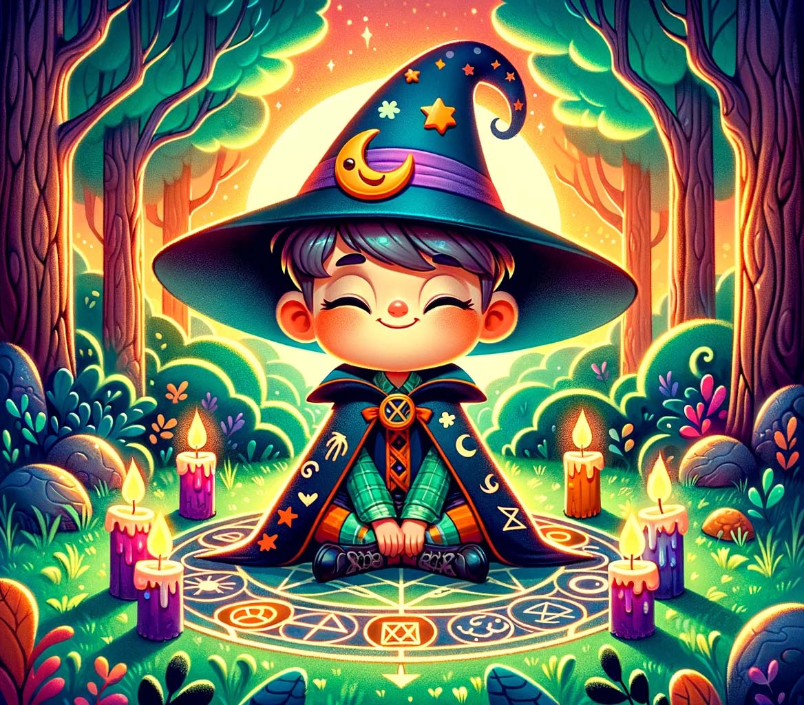 A young boy witch sitting in the center of a magical forest