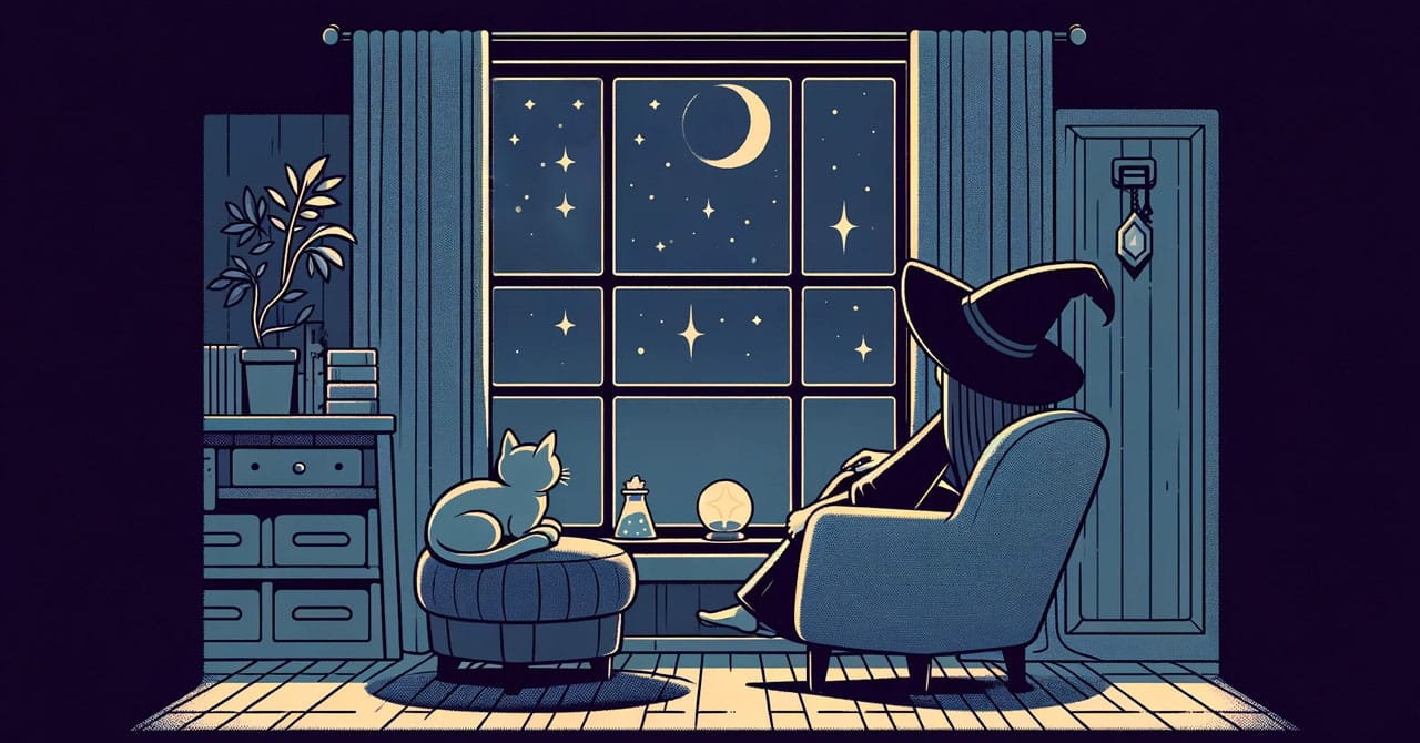 Witch and her cat at home, sitting together and looking out at a starry night sky