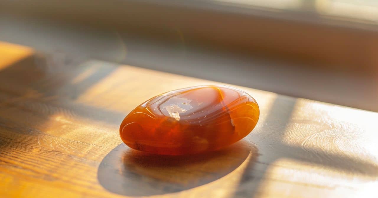 A polished orange carnelian stone resting on a wooden surface, illuminated by warm sunlight.