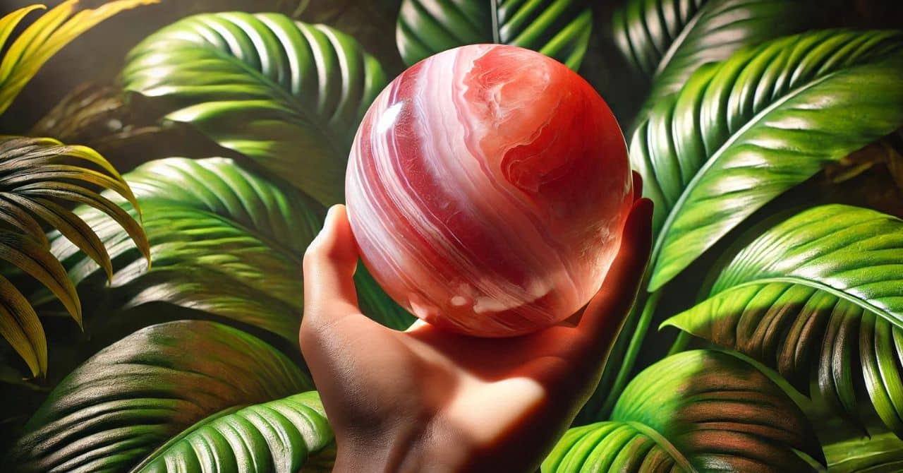 a hand holding a polished Sunstone sphere, set against a background of lush green leaves.