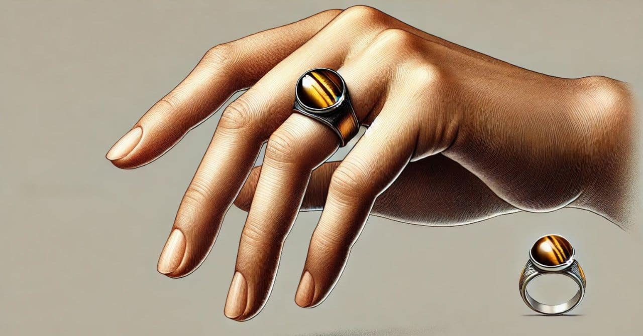 A hand wearing a stylish ring featuring a tiger's eye crystal set in a metallic band.