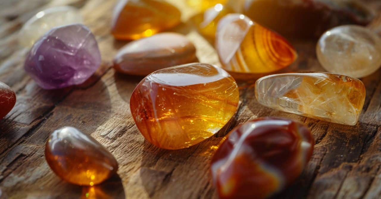 a collection of polished gemstones, including Citrine, Tigers Eye, Carnelian, and Sunstone Crystals glowing in warm sunlight on a wooden surface.