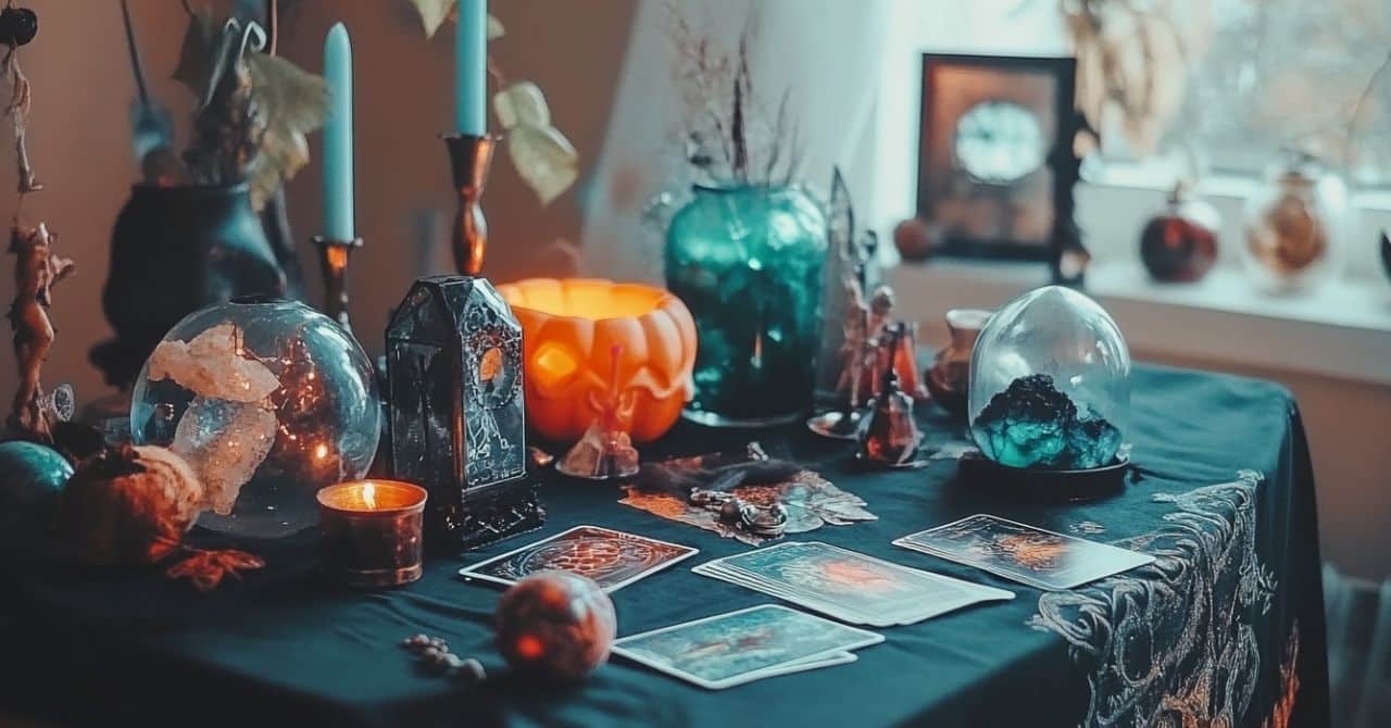 The image shows a mystical setup with tarot cards, candles, crystals, and decorative glass globes on a dark cloth. A pumpkin-shaped candle holder and blue taper candles add a Halloween or autumn feel to the scene, creating a divination or ritualistic atmosphere.