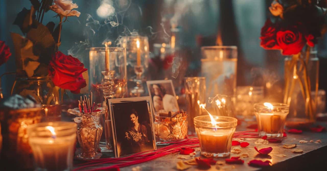 The image shows an altar with lit candles, roses, and photographs, likely set up to honor the deceased. Petals, incense smoke, and glass candle holders contribute to a warm, reverent atmosphere.