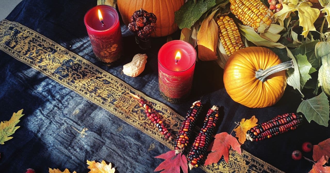 The image shows an altar setup with pumpkins, corn, red candles, autumn leaves and colorful dried corn on a dark, decorated cloth.