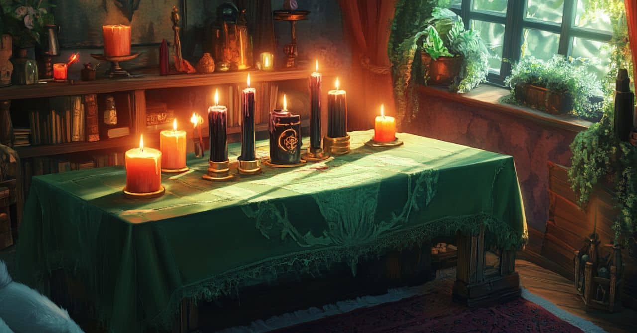 A traditional altar with a green cloth, prominently displaying multiple lit candles, including black and red ones in ornate holders. The background of bookshelves and lush greenery adds depth and warmth, reflecting a space for study and ritual.