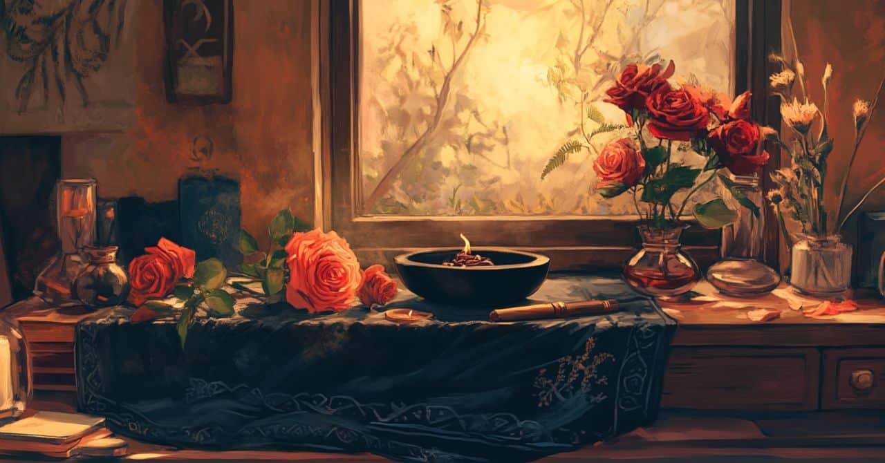 A rustic and romantic altar by a window featuring red roses, glass jars, and a black cloth adorned with intricate patterns. A central bowl with a candle and writing tools completes the setup, creating a serene atmosphere for introspection or creative rituals.