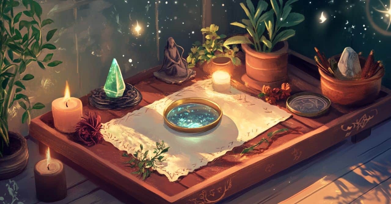 A cozy, magical altar setup features a wooden tray adorned with a glowing green crystal, a small statue, candles, and potted plants. A bowl filled with water shimmers as if it holds a starry night. The surrounding atmosphere is peaceful, with plants and glowing lights suggesting a tranquil, meditative space.