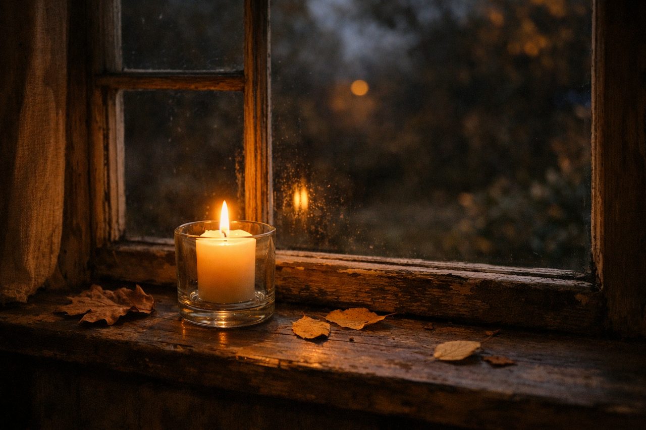 A single candle glowing on the sill of an old cottage window at night with a dark autumn garden outside