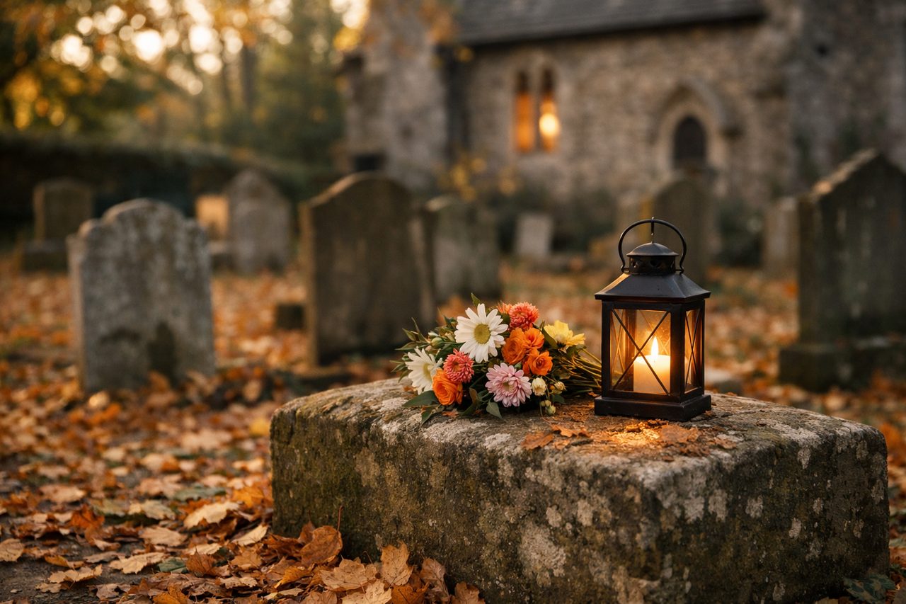 A quiet old churchyard in autumn with weathered gravestones and fresh flowers and a lantern resting on one stone