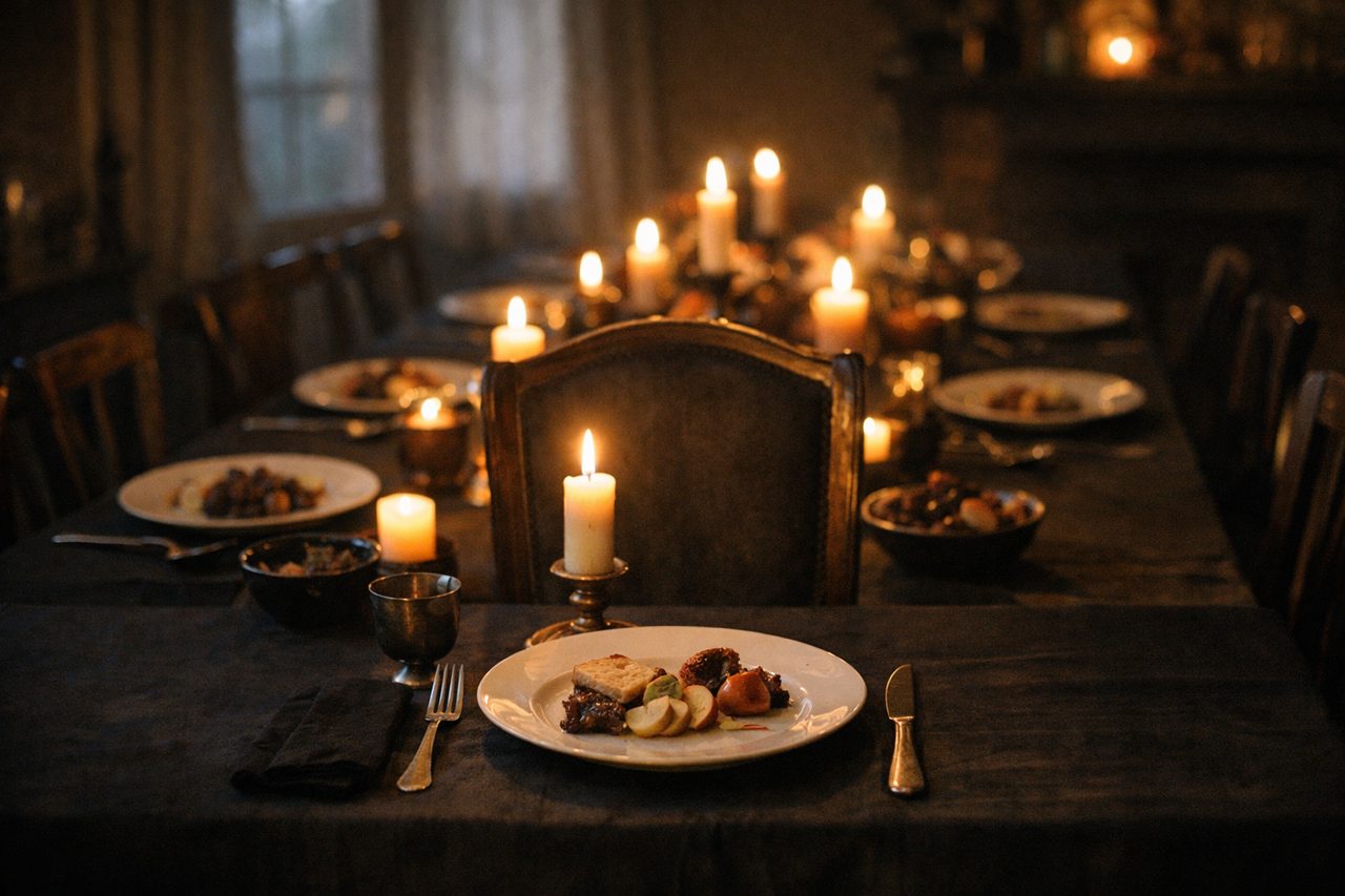 A candlelit dinner table set for a silent supper, with an empty chair and a place setting at the head of the table