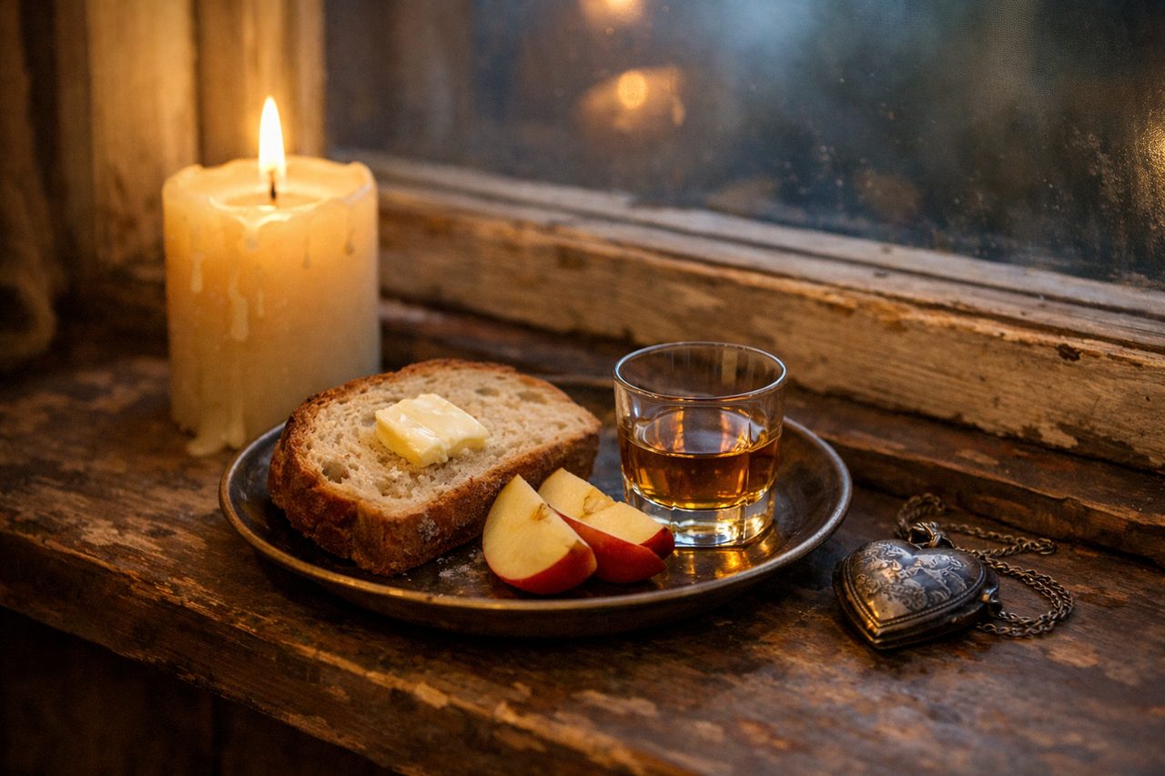 A plate with a slice of homemade bread, butter, apple slices and a small glass of whiskey beside a candle and a silver locket