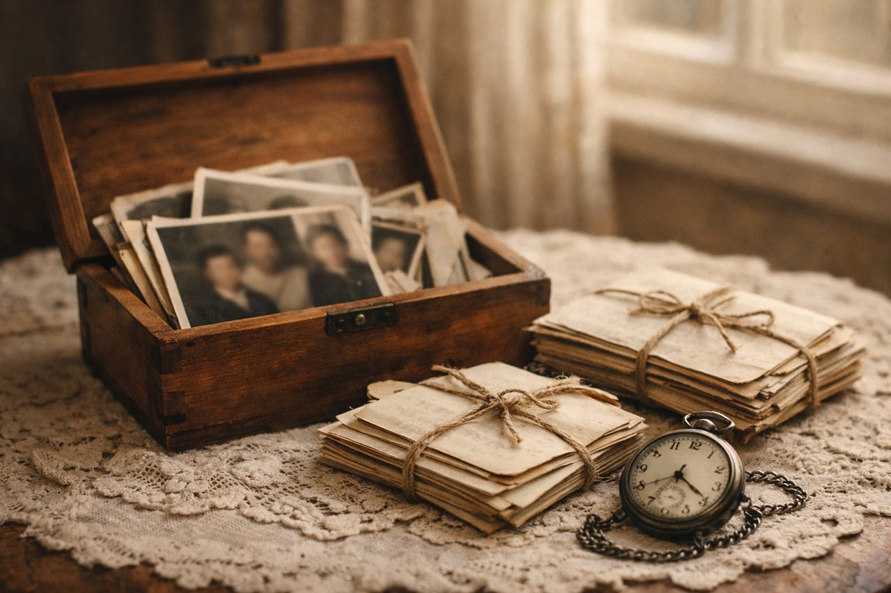 A wooden box of old family photographs and handwritten letters tied with string beside a pocket watch on a lace tablecloth