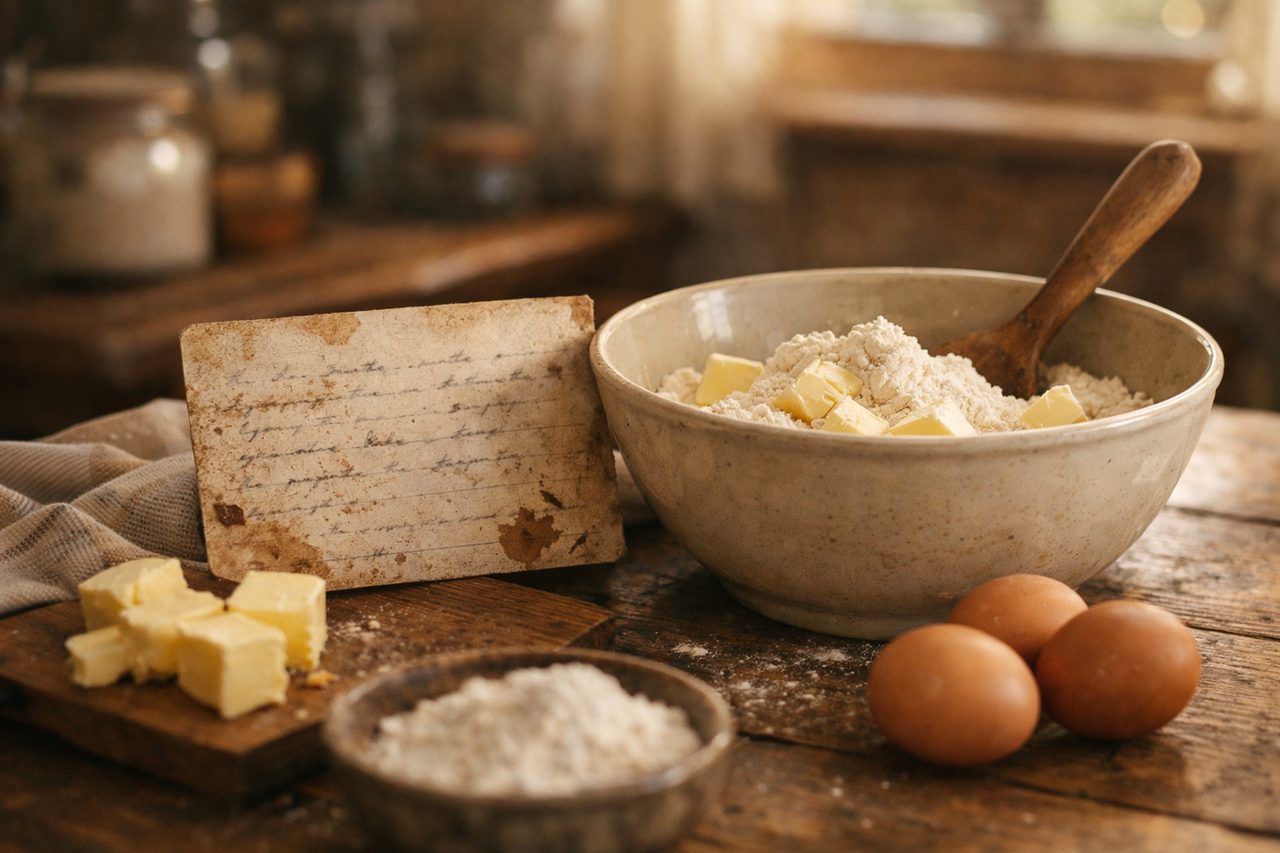 A worn handwritten recipe card propped against a mixing bowl with flour, butter, eggs and a wooden spoon