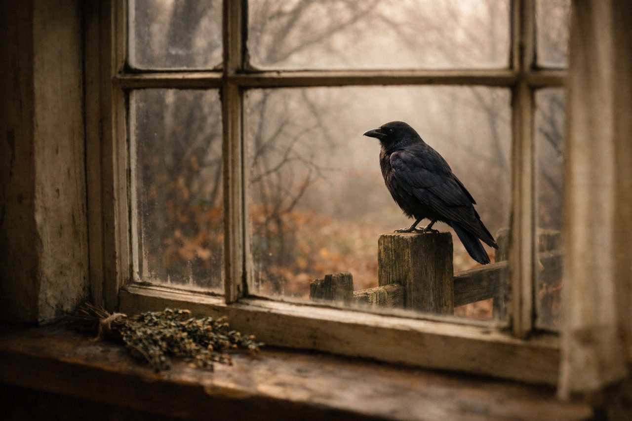 A black crow on a garden fence post in autumn morning mist, seen through a cottage window