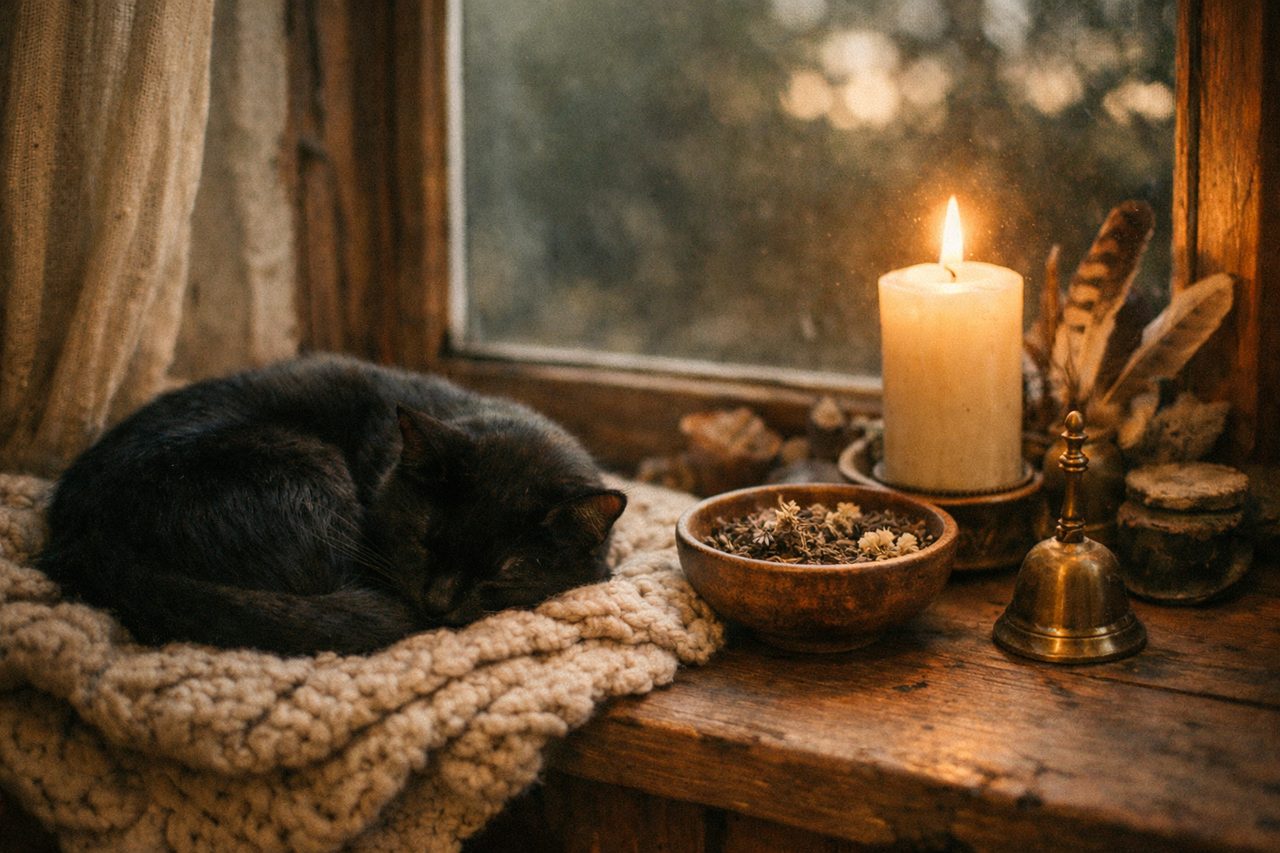 A black cat asleep on a knitted blanket on a windowsill beside a small altar with a white candle and a brass bell