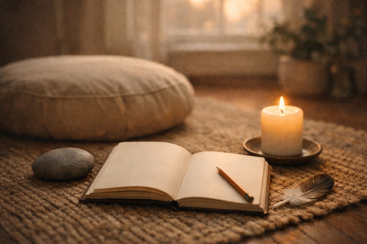 A meditation corner at dawn with a cushion, a lit candle, an open dream journal, a smooth stone and a feather