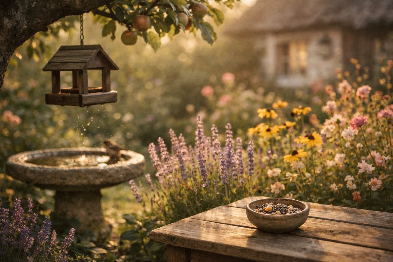 A cottage garden with a bird feeder in an apple tree, a stone birdbath and lavender for bees at sunrise