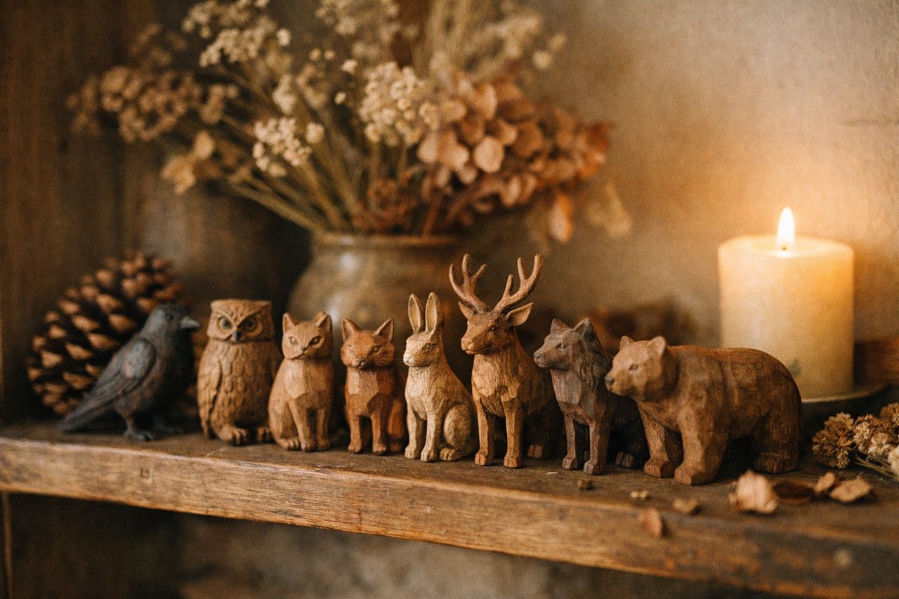 Carved wooden figurines of a crow, owl, cat, fox, hare, stag, wolf and bear on a shelf with dried flowers and a candle