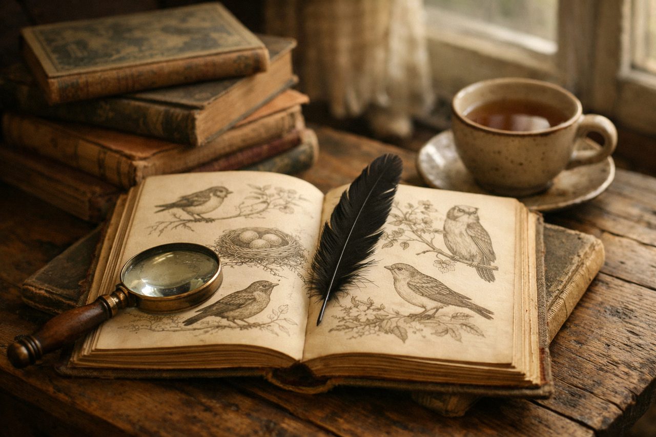 Old books on animals and folklore with a black feather bookmark, a magnifying glass and a cup of tea