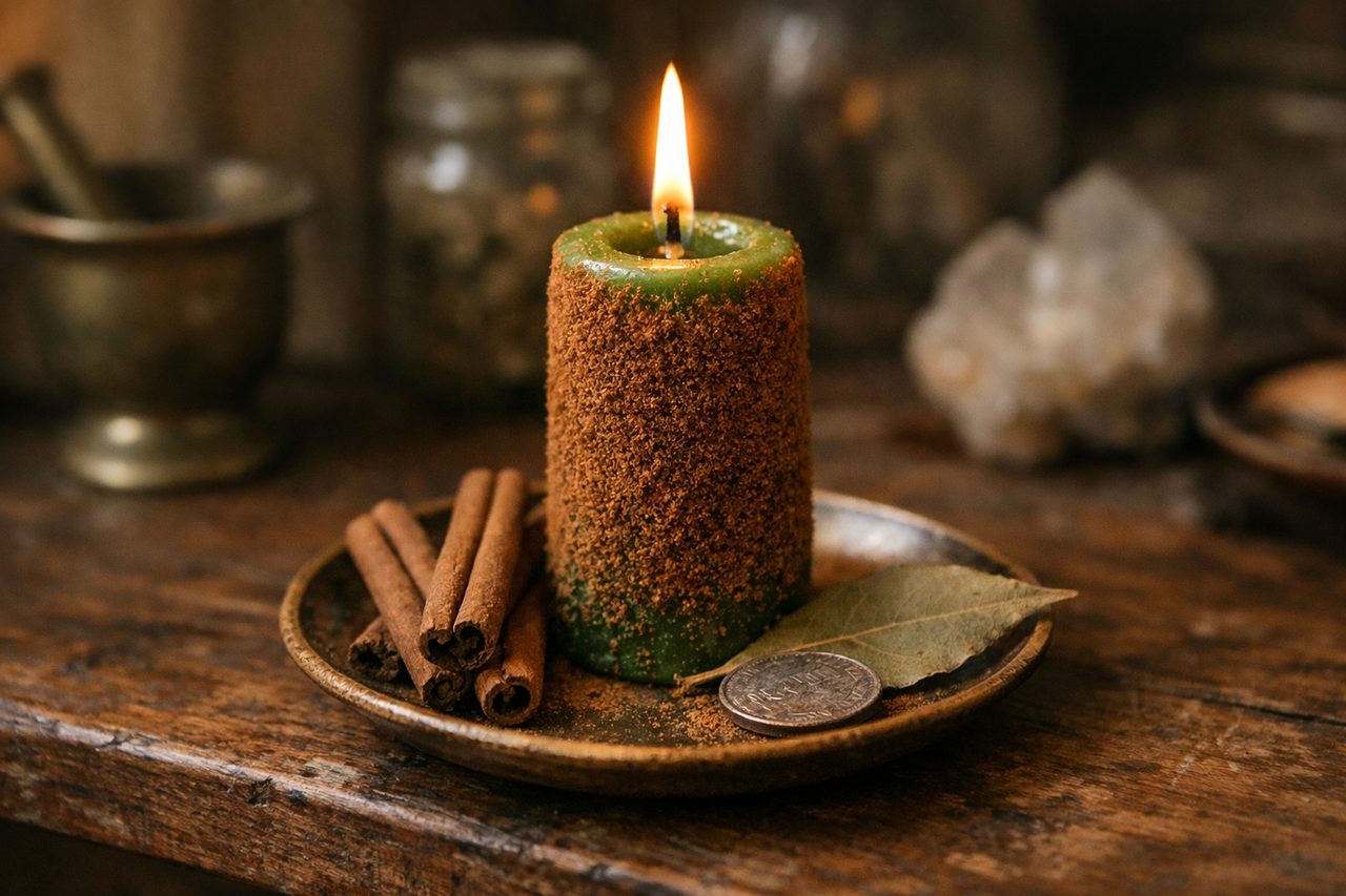 A green candle rolled in ground cinnamon on a small plate with cinnamon sticks, a bay leaf and a coin