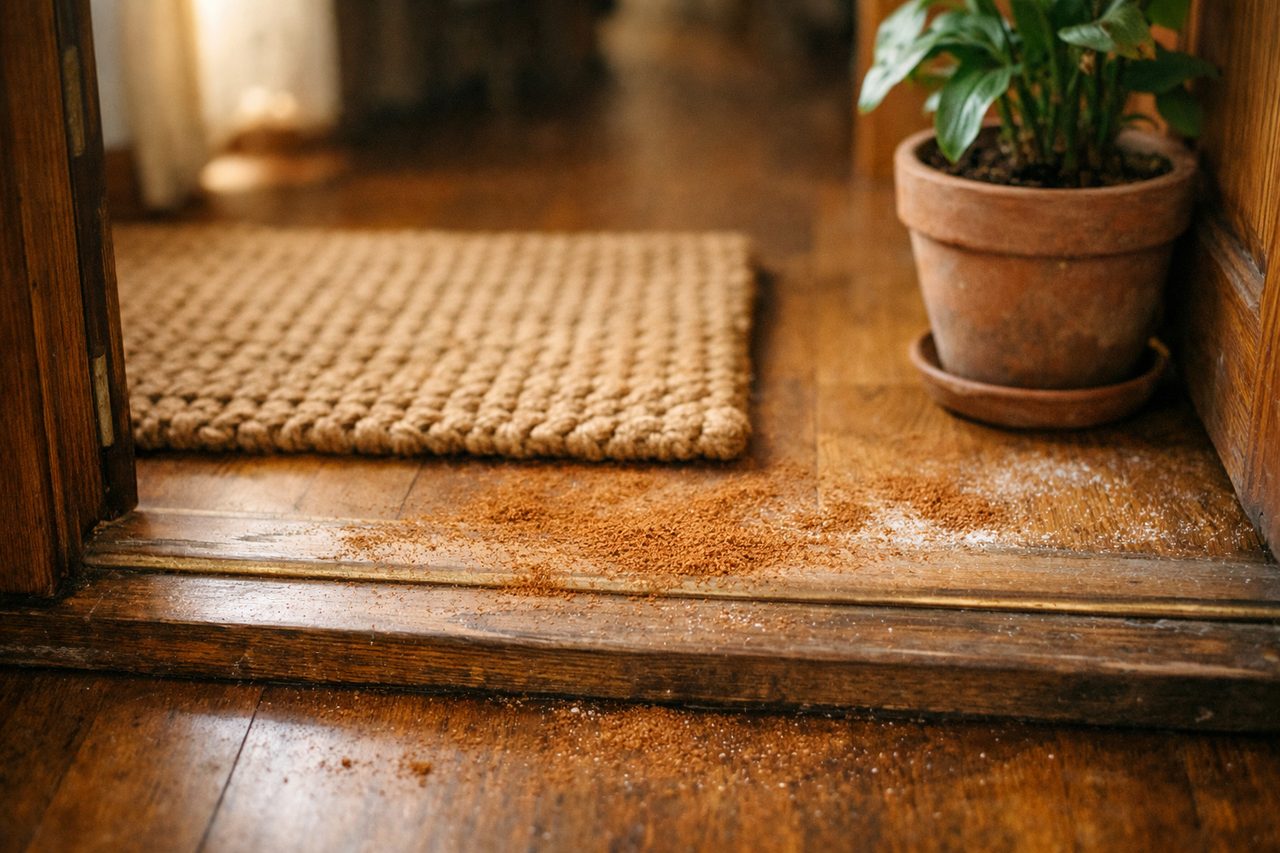 A light dusting of ground cinnamon on the floor just inside a wooden front door, with a woven doormat and potted plant