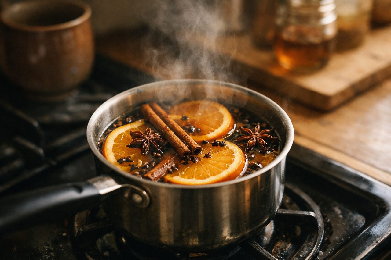 A small saucepan on the stove simmering with orange slices, cinnamon sticks, cloves and star anise