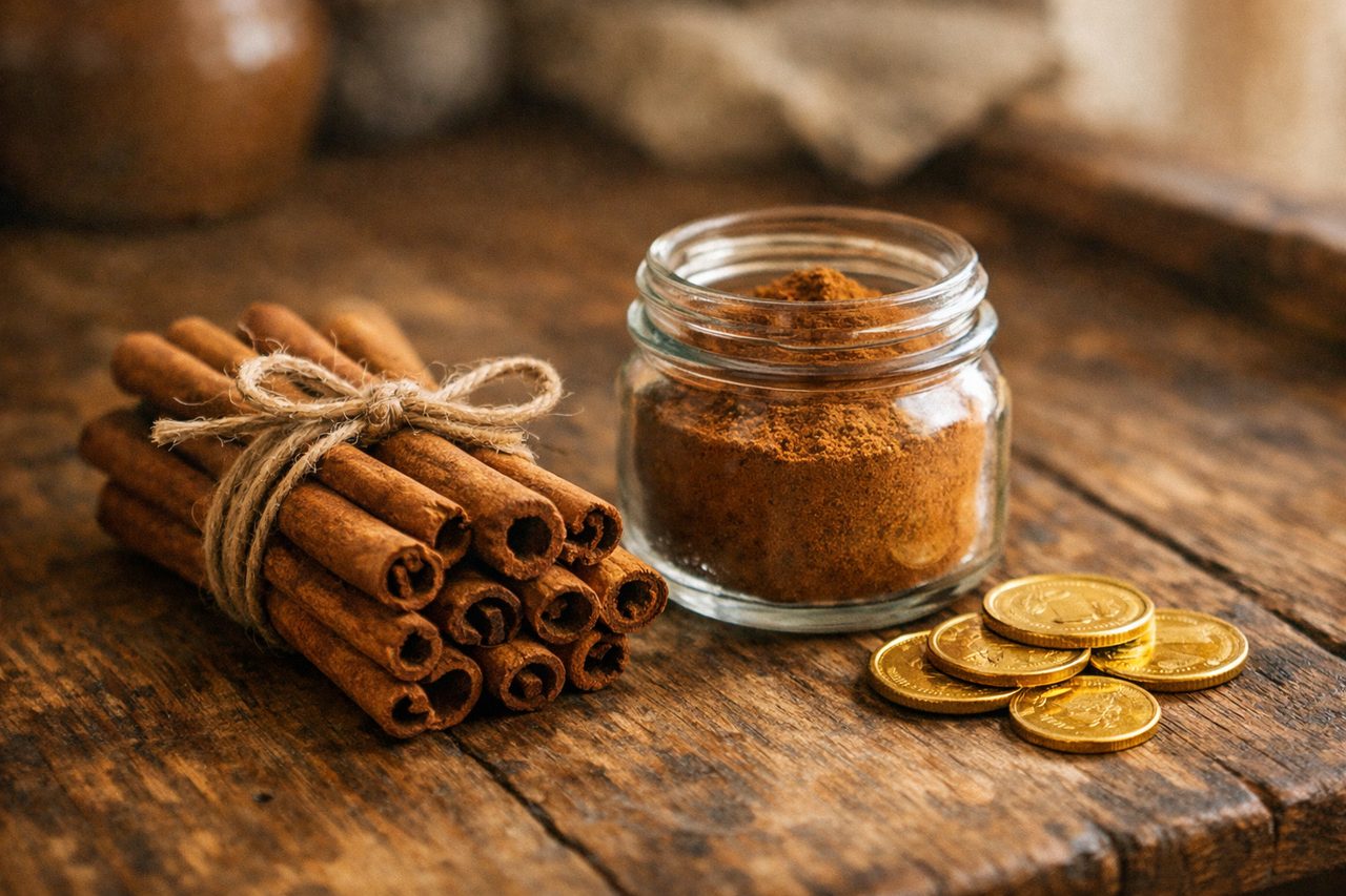 A bundle of cinnamon sticks tied with twine beside a jar of ground cinnamon and a few gold coins
