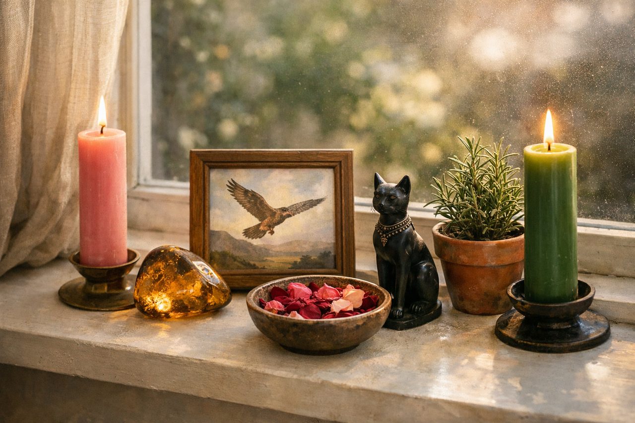A modern pagan windowsill altar with pink and green candles, a falcon watercolor, rose petals, amber and a cat figurine