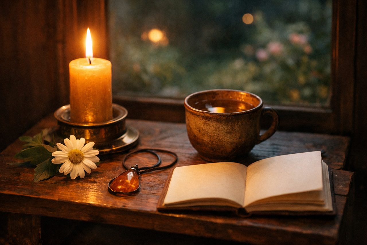 A lit gold candle on a small wooden altar with a cup of mead, a flower, an amber pendant and a notebook