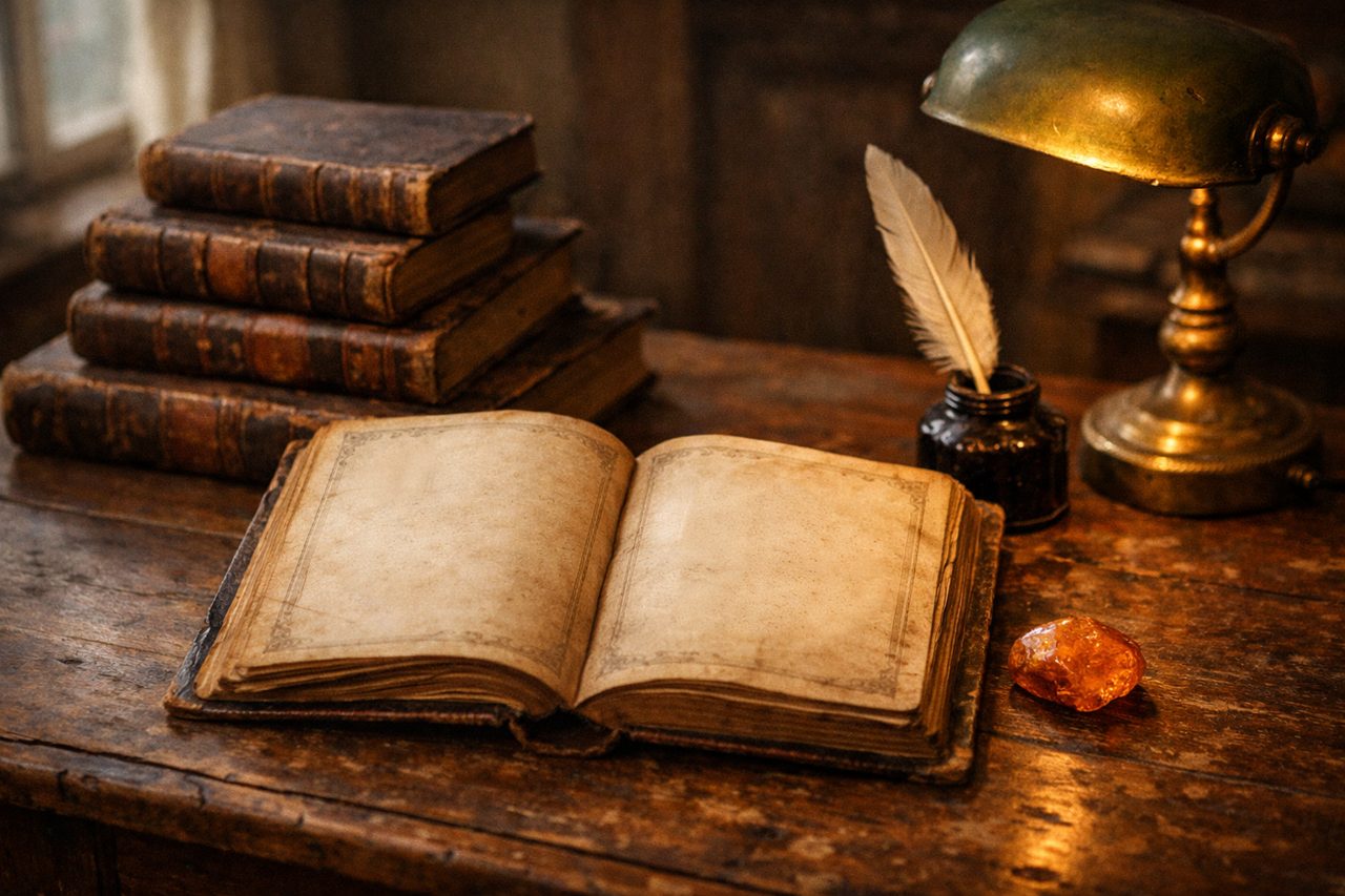 Antique leather-bound books and an open blank vellum page under a brass lamp with a quill and a piece of amber