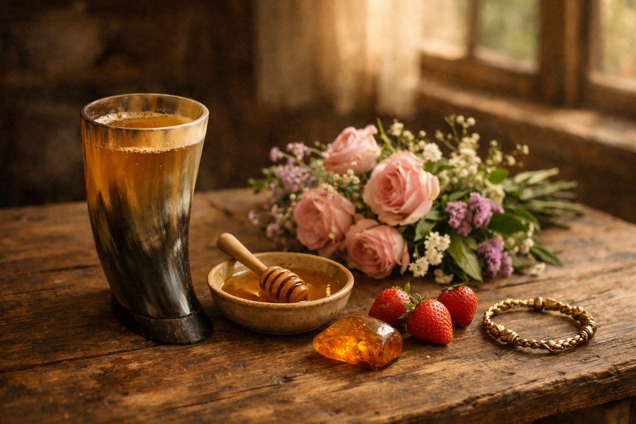 Offerings on a rustic table: a horn cup of mead, honey, pink roses and wildflowers, strawberries, amber and a gold-toned bracelet