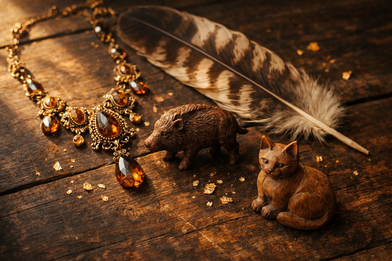 A gold and amber necklace, a falcon feather and small carved boar and cat figurines on dark wood