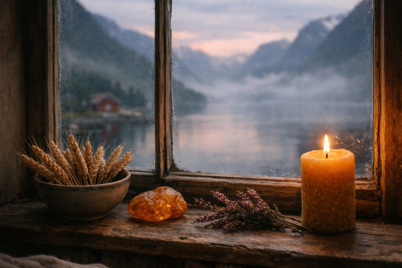A misty fjord at dawn seen through a window, with wheat, raw amber, heather and a candle on the sill
