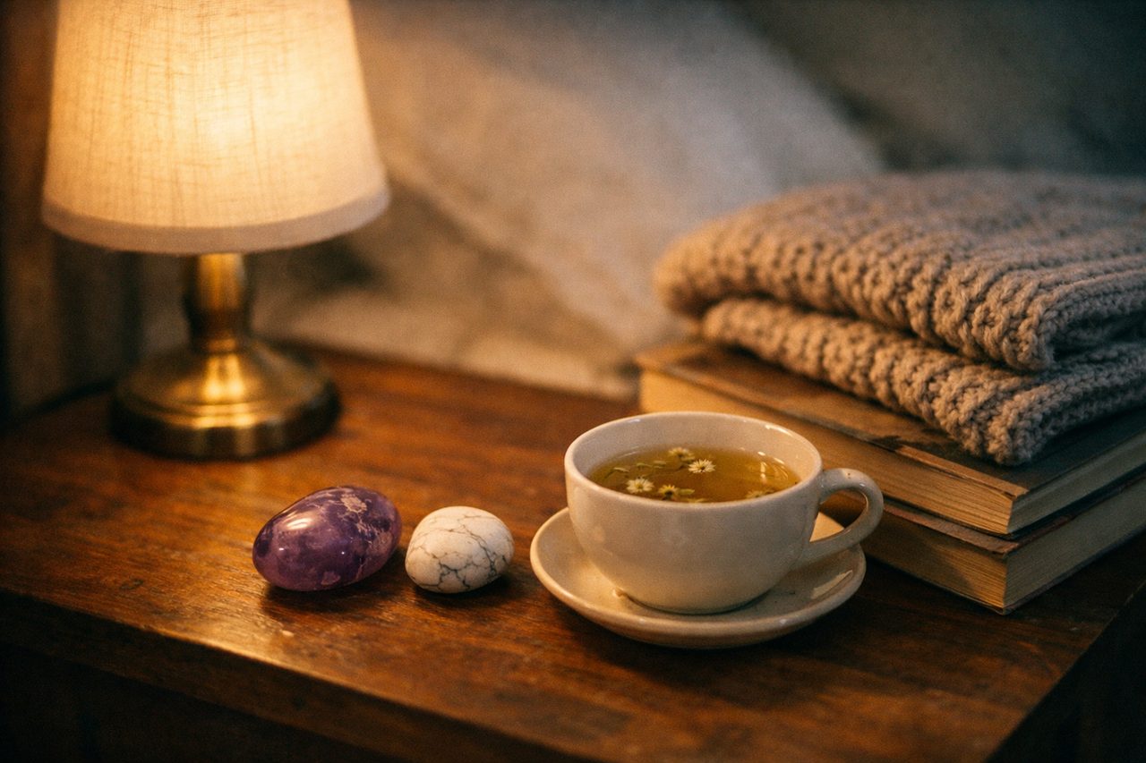 A bedside table at dusk with amethyst and white howlite next to a cup of chamomile tea and a knitted blanket