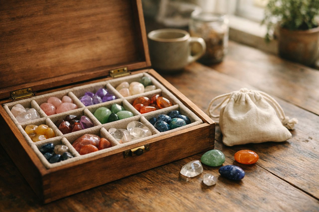 An open wooden box of small tumbled crystals in many colors with a cotton drawstring pouch