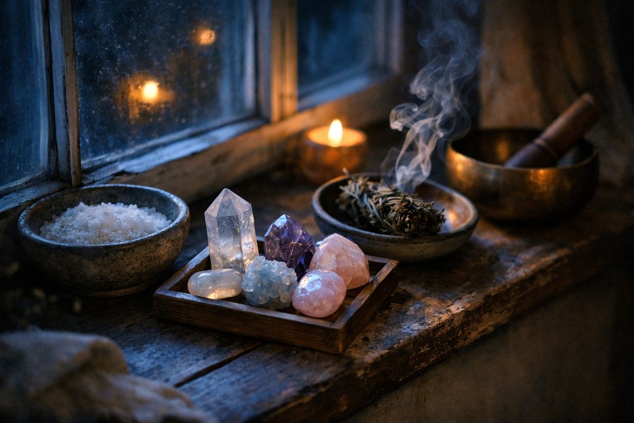 Crystals on a wooden tray in moonlight on a windowsill beside a bowl of salt, smoking rosemary and a singing bowl
